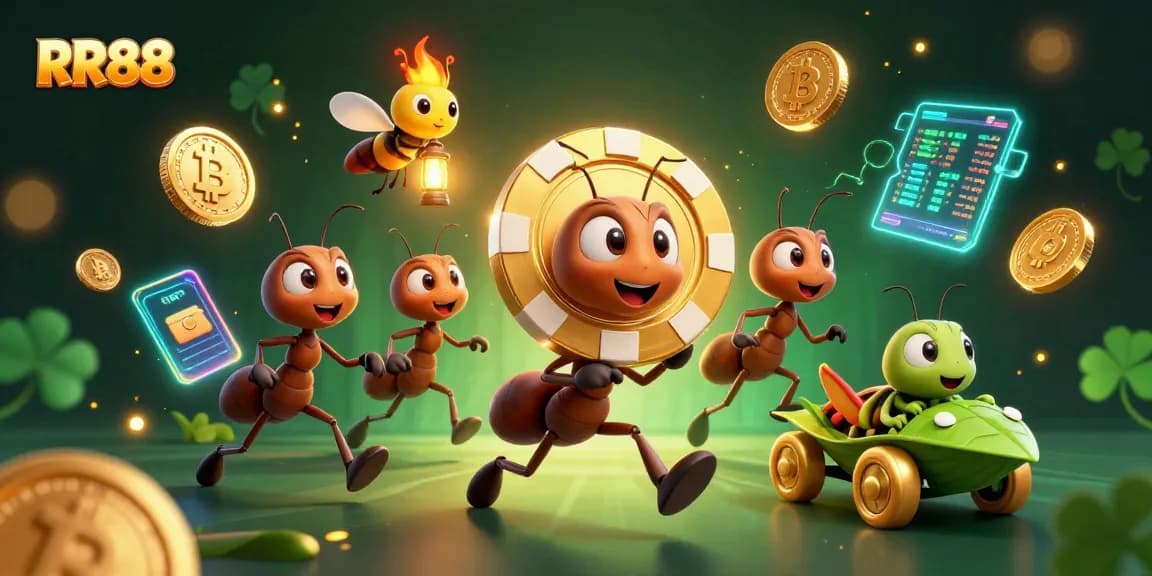 Experience the thrilling RR88 casino heist with cartoon ants and crypto elements.