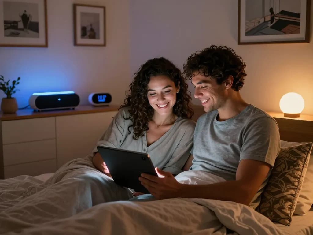 Couple engaging with AI sex technology in a cozy bedroom.