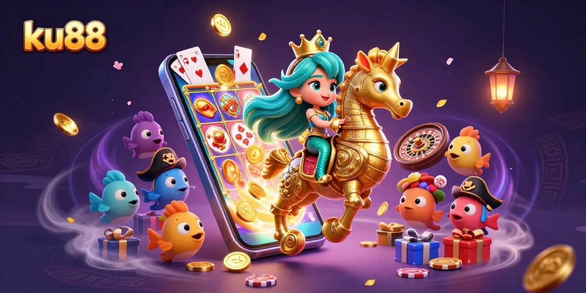 ku88 players spinning reels in an action-packed casino scene with vibrant characters and games