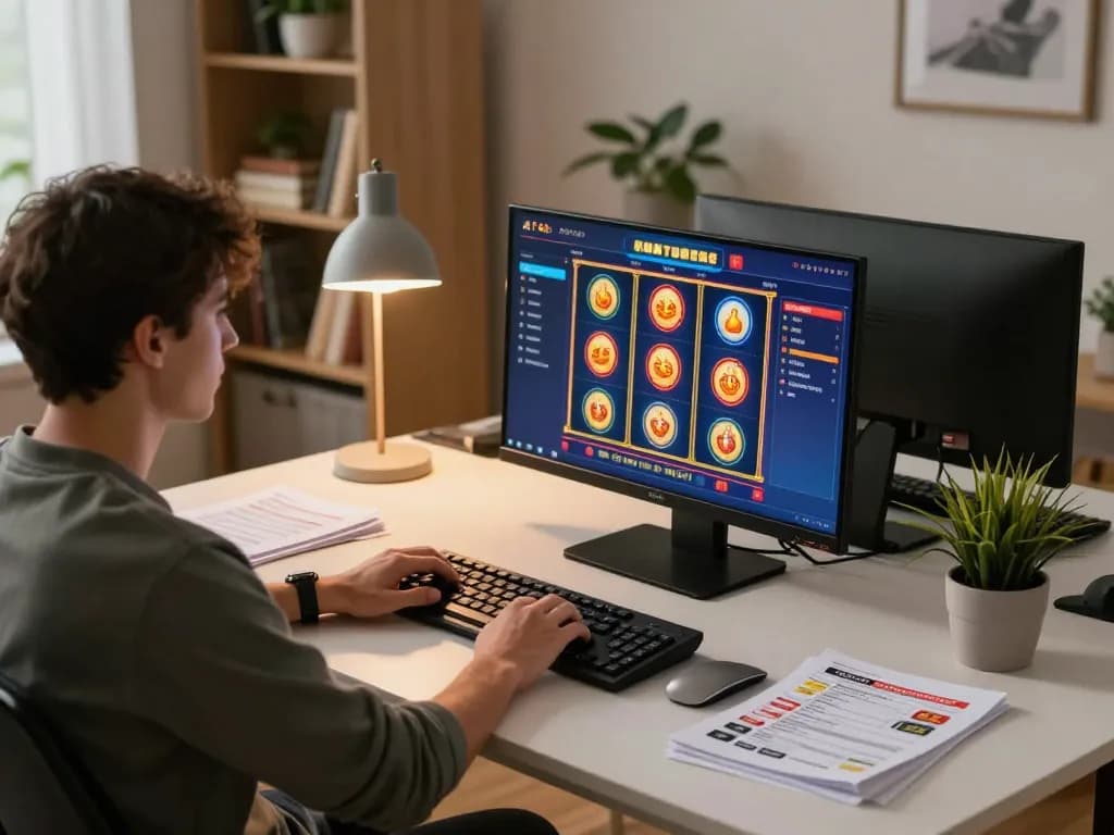 Player engaging with online slots at home in a setup inspired by fanstoysnewsandreviews, focusing on strategy.