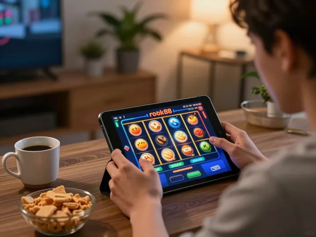 Engaging gameplay experience in rokok88 slot game on a tablet within a cozy home setting.