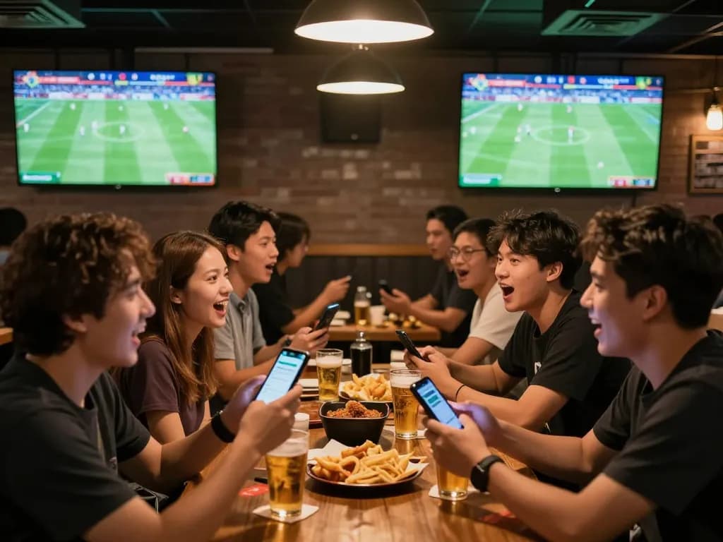 Fans engaged with kèo nhà cái while watching a live football match at a sports bar.
