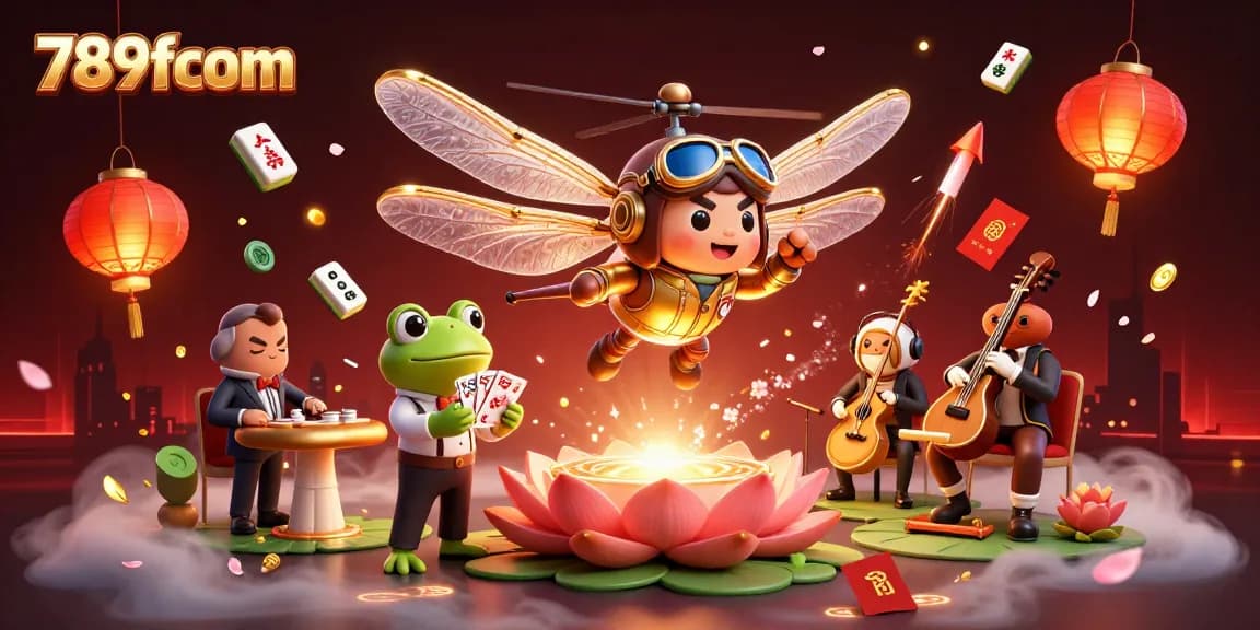 Engage with 789fcom as a dragonfly helicopter pilot hovers over a vibrant lily pad casino scene.