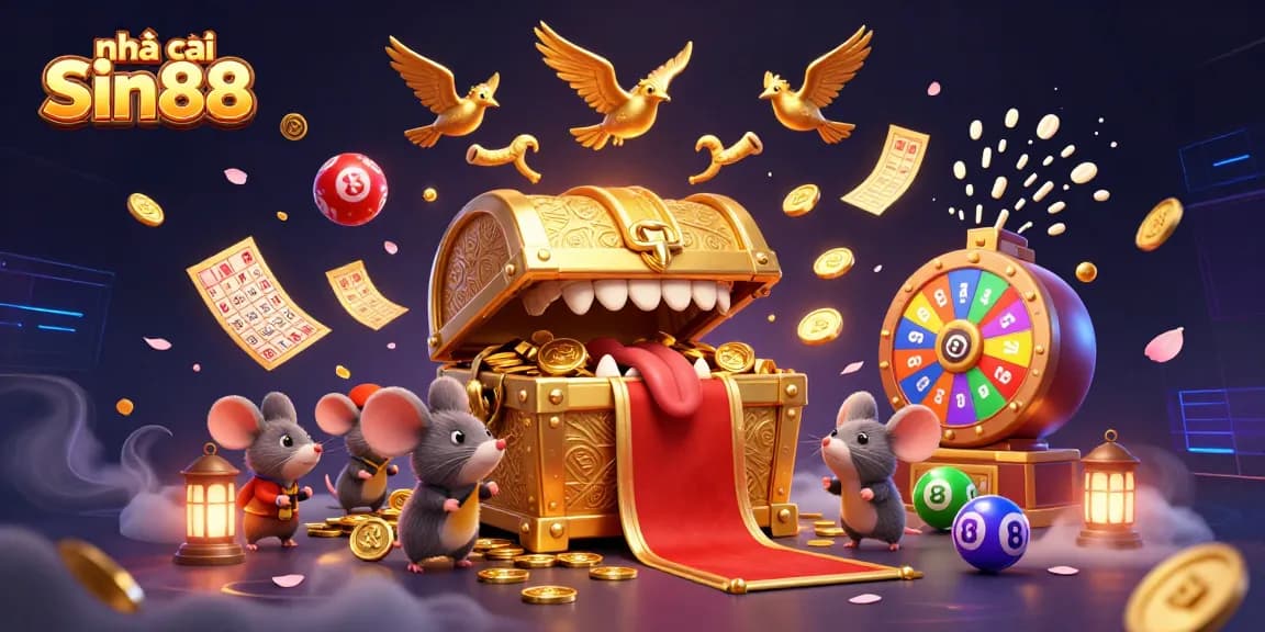 Engaging scene depicting nhà cái Sin88's vibrant lottery actions, enticing adventurer mice amidst golden treasures.