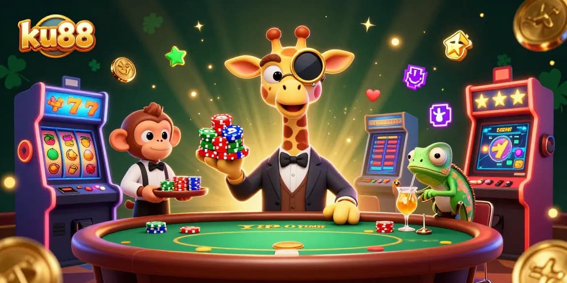 Join the ku88 high-roller giraffe at a vibrant poker table amid slot reels and colorful game icons.