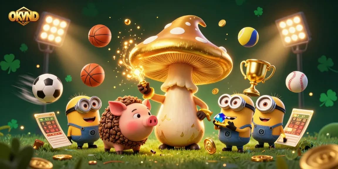 Experience the thrill of OKVND sports betting with a magical illustration featuring golden characters, sports elements, and treasure.