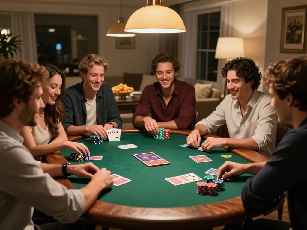 Friends enjoying a poker game night at home, strategizing around cards and chips, showcasing 78wingo.