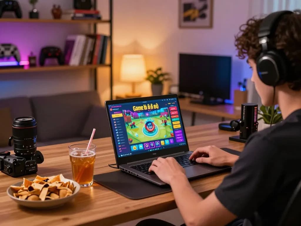 Engaging in Game bài nổ hũ on a laptop at home, showcasing a cozy gaming atmosphere with snacks.