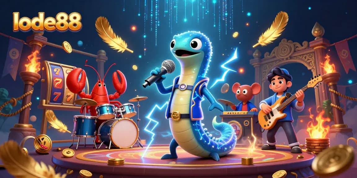 Lode88's electrifying underwater casino stage featuring a DJ eel, lobster drummer, and seahorse guitarist.