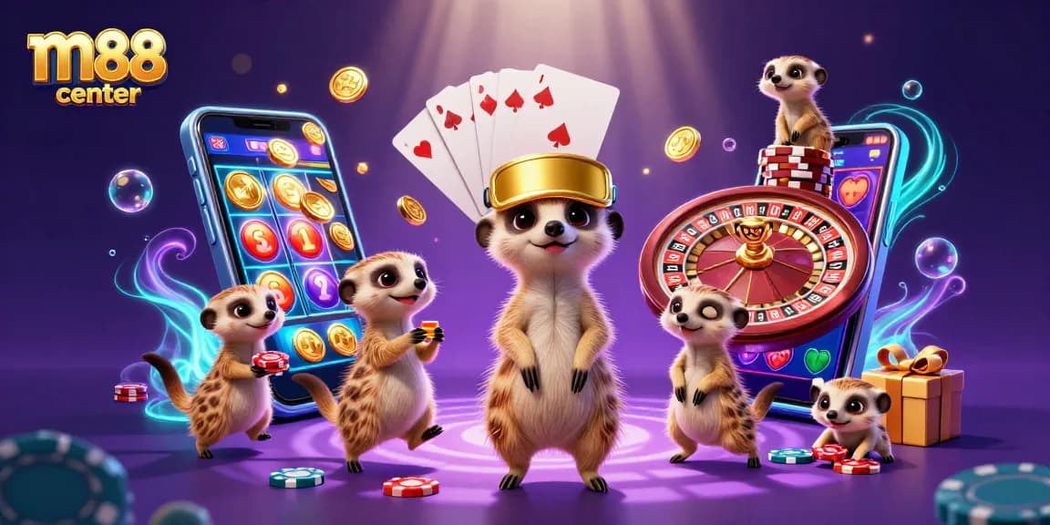m88 center showcases a lively meerkat casino scene with vibrant slot games and engaging elements.
