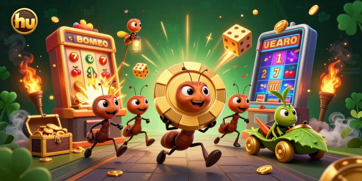 Experience hu's thrilling gaming with a team heist of ants carrying a golden poker chip in this exciting casino scene.