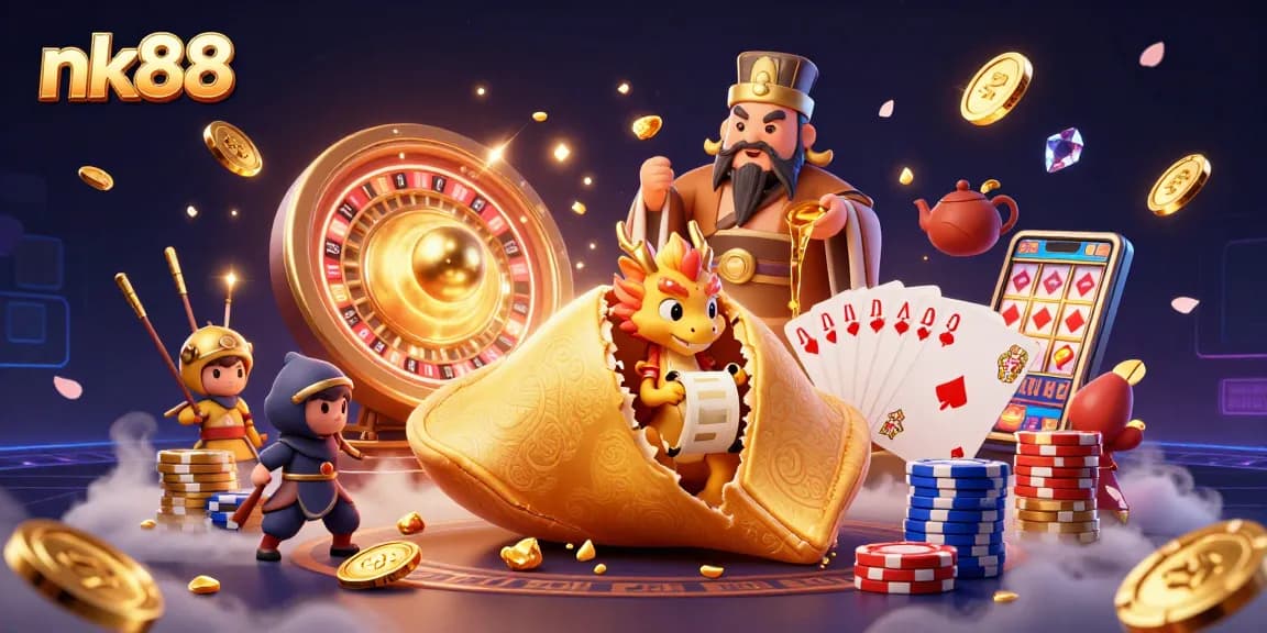 Experience exhilarating gaming thrills at nk88 with vibrant golden coins and dynamic casino elements.