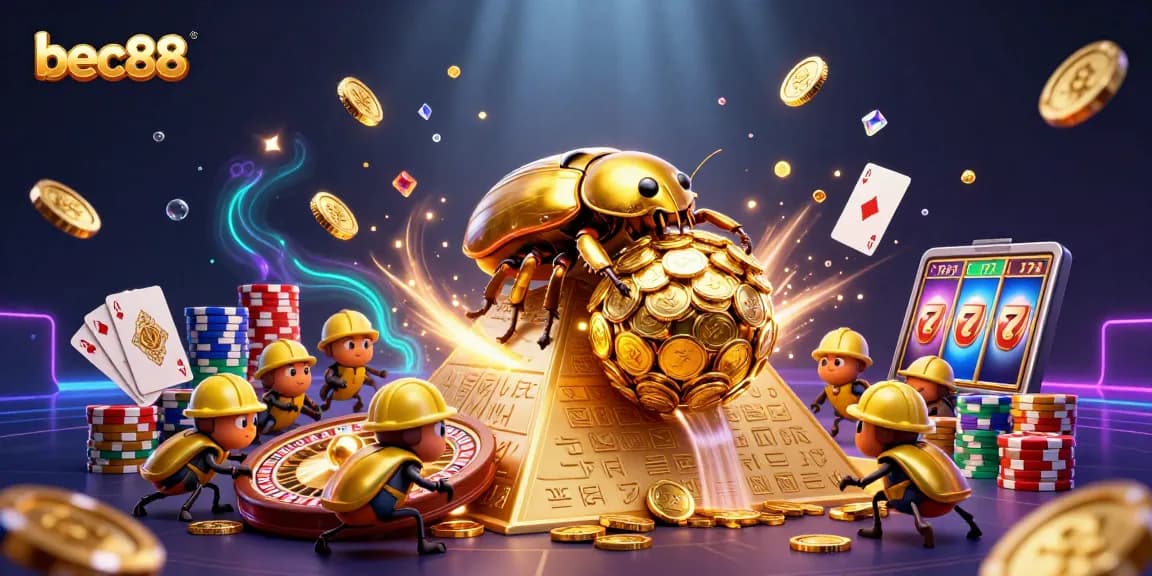 Experience the vibrant casino action with bec88—golden beetles, coins, and jackpot excitement!
