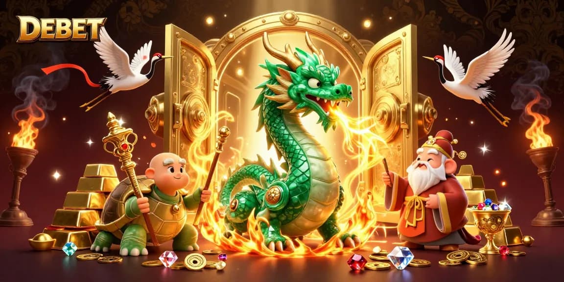 Engage with DEBET in a vibrant 3D casino scene featuring mystical characters and treasure.