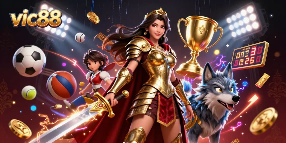 Win exciting bets with vic88's electrifying online casino atmosphere featuring 3D characters and sports elements.