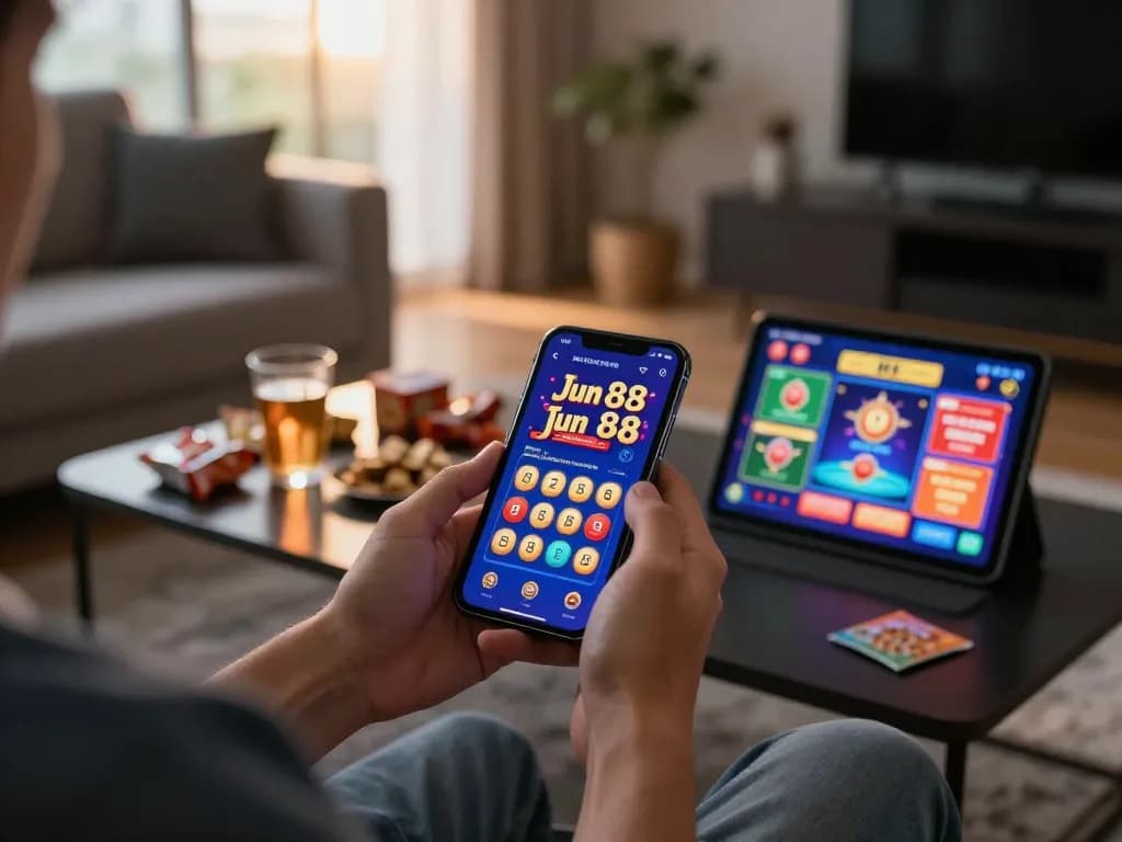 Engaging with the Jun 88 app for mobile casino gaming, highlighting a vibrant home setting