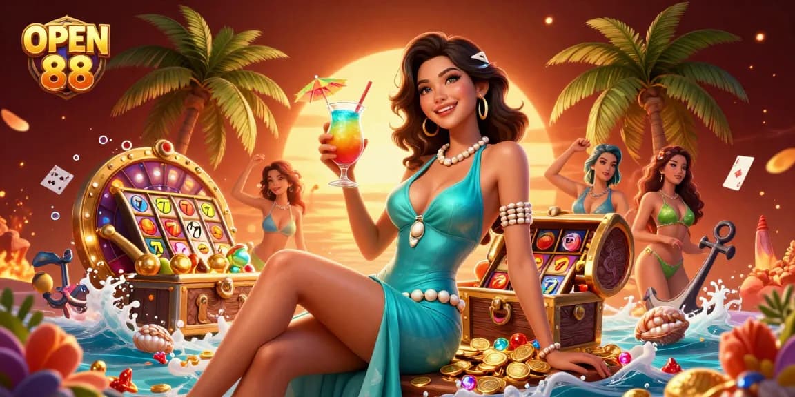 Experience the excitement of OPEN 88 with vibrant gaming elements and a stunning tropical setting.