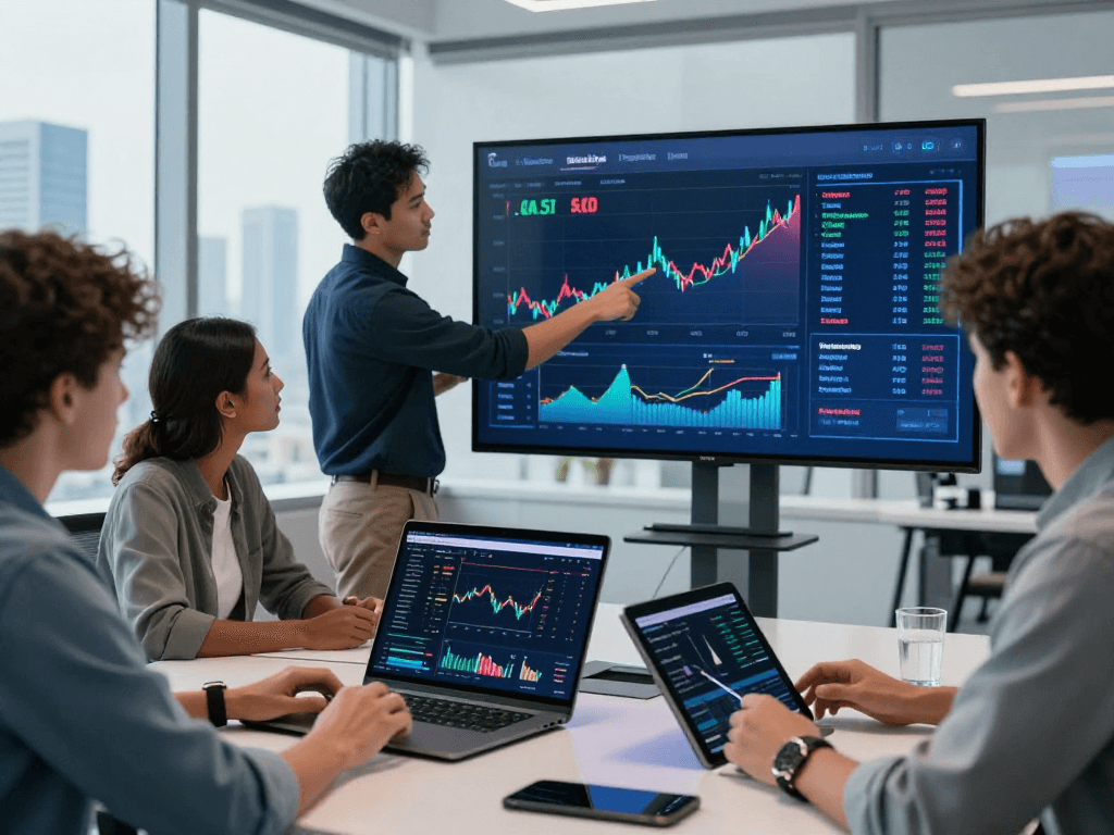 Team analyzing kyber-swap market trends in a modern office setting.
