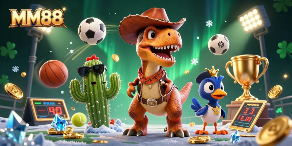 Engage in thrilling MM88 gaming with a vibrant scene featuring a T-Rex and sports elements.