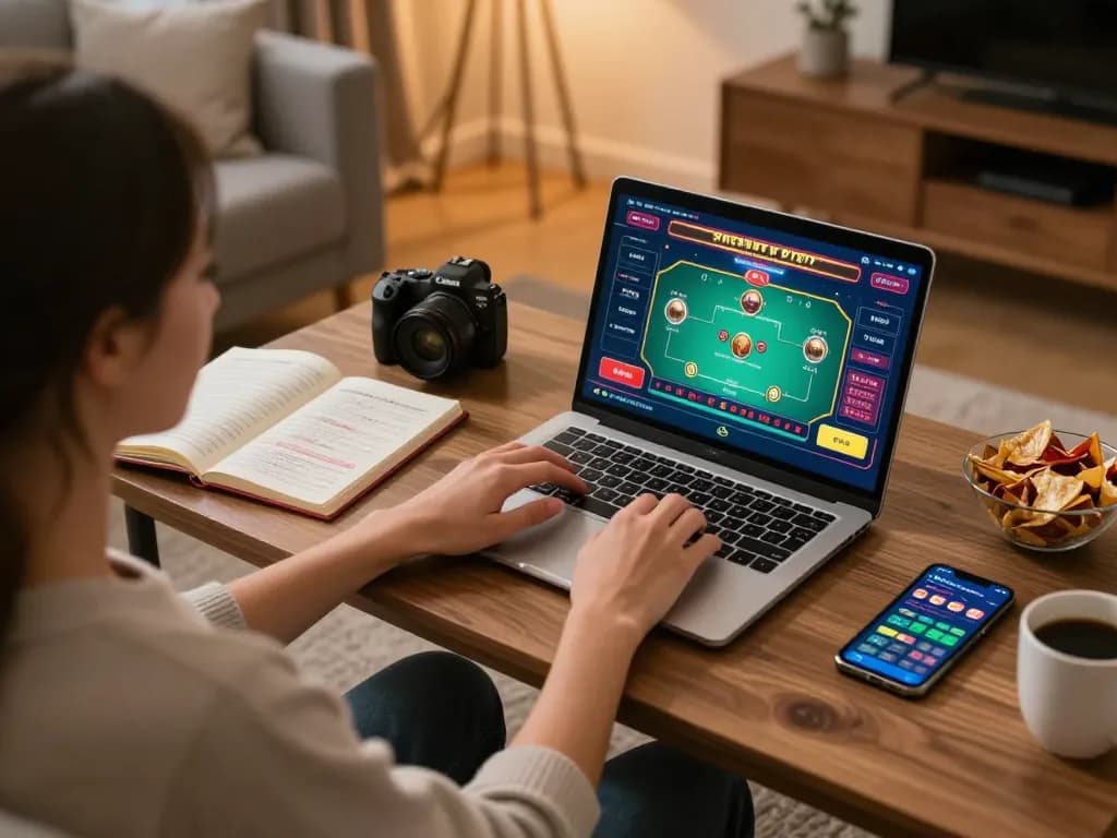 Engaged player enjoying online slots at trang chủ uu88 with laptop and strategies nearby.