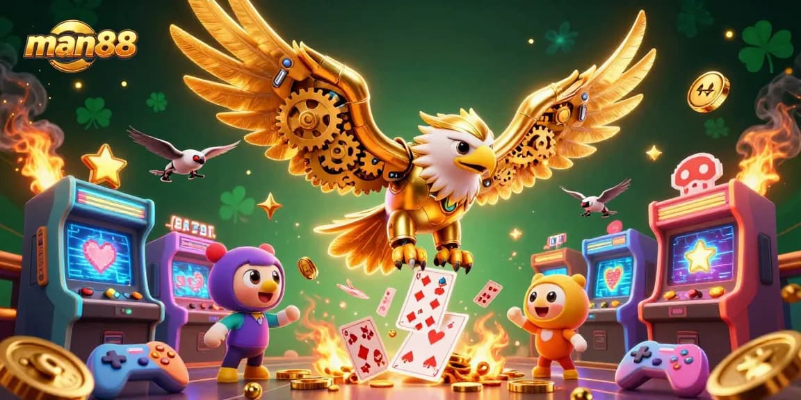 Experience man88's high-stakes gaming with a cybernetic eagle soaring through vibrant casino elements.