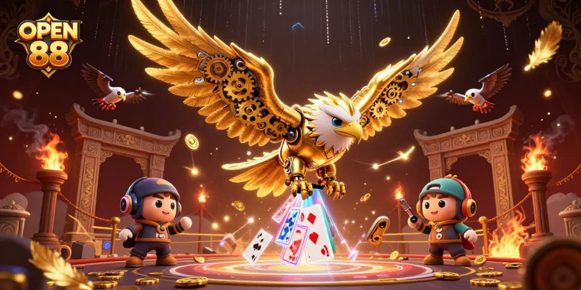 Experience the excitement of OPEN 88 with a dynamic illustration showcasing a golden eagle amidst a cascade of holographic cards.