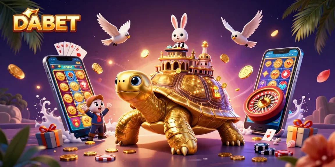 DABET casino illustration showcasing a golden tortoise with a mini casino, and flying coins in a vibrant setting