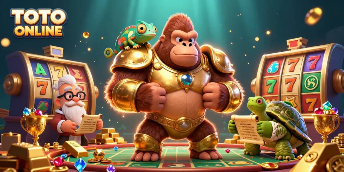 TOTO ONLINE brings excitement with a vibrant 3D casino scene featuring a powerful gorilla and fortune symbols.