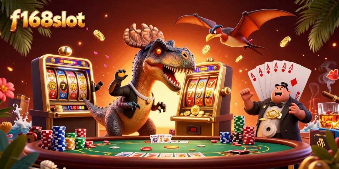 Experience thrilling jackpots at f168slot with cartoon characters in a lively casino setup.