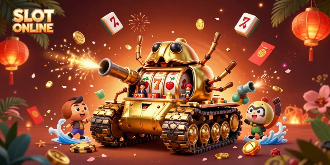 SLOT ONLINE showcases an exciting scene with a golden beetle tank, mini casino elements, and vibrant game symbols.