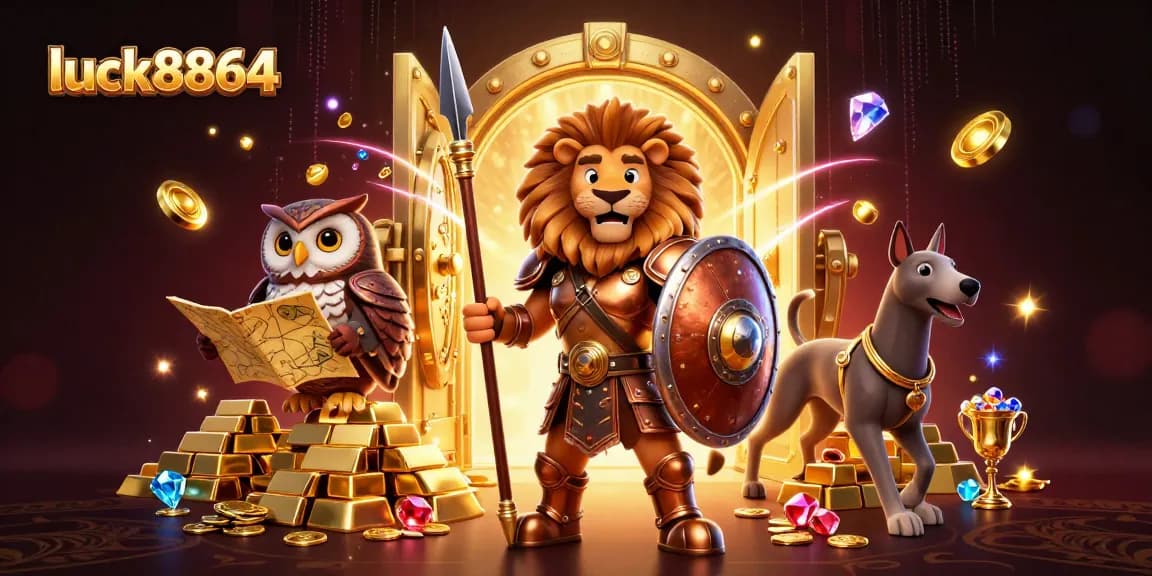 Join the excitement at luck8864 with a vibrant scene of a Spartan lion, owl strategist, and greyhound, surrounded by treasure.