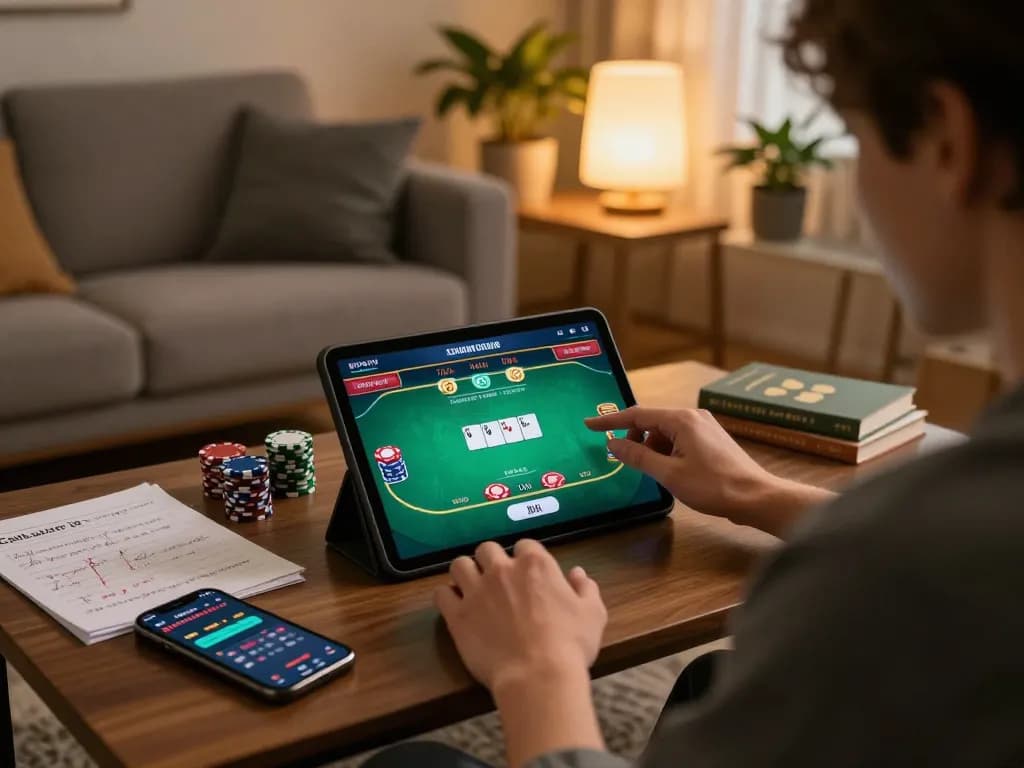 Engaged player using tablet for online poker at home, showcasing effective nhacaiuytinn strategies.