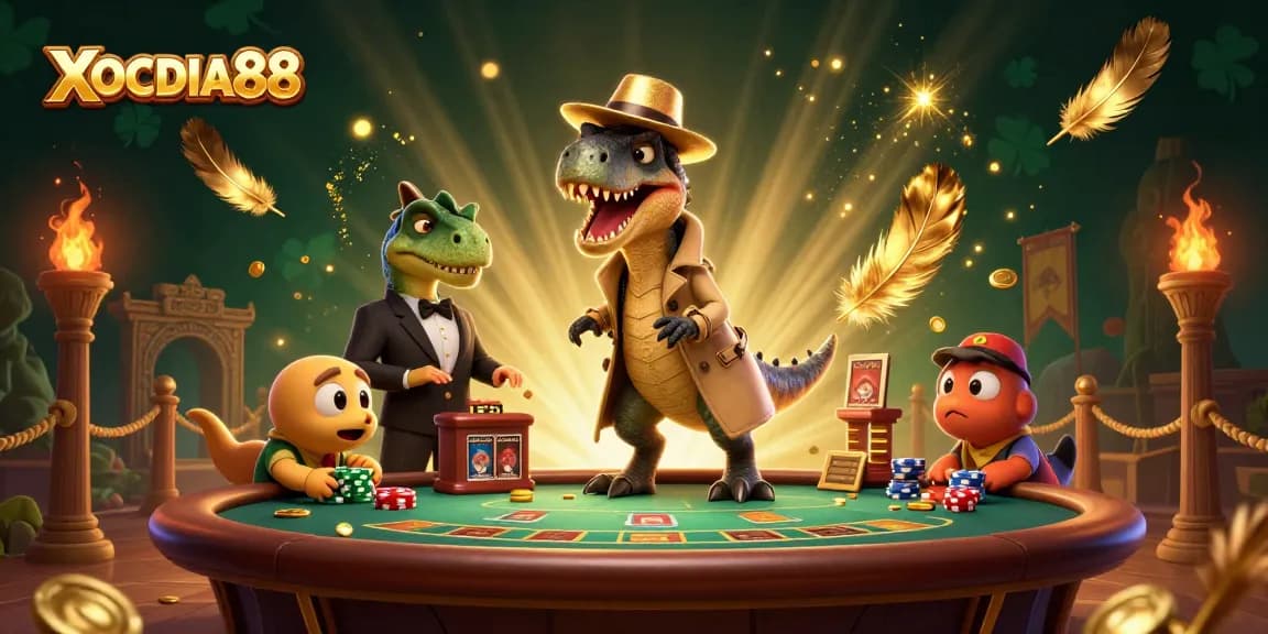 Engage in thrilling games at XOCDIA88 with a dynamic 3D casino scene featuring card counters and casino excitement.