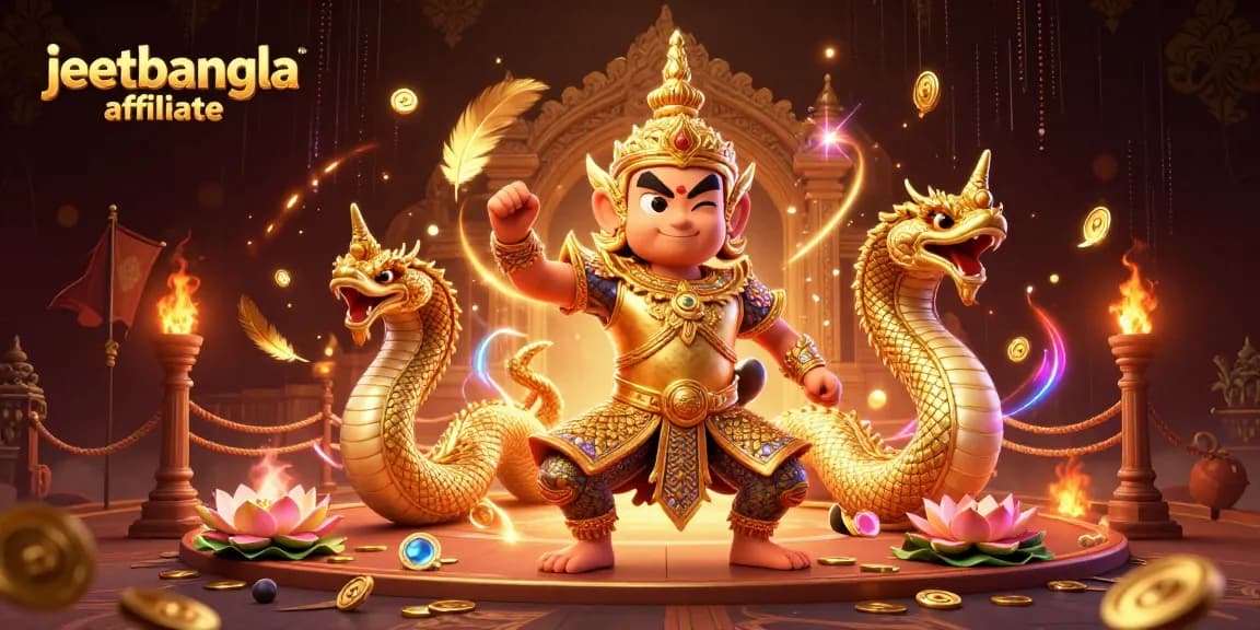 Engage with the jeetbangla affiliate program featuring vibrant 3D characters and casino elements.