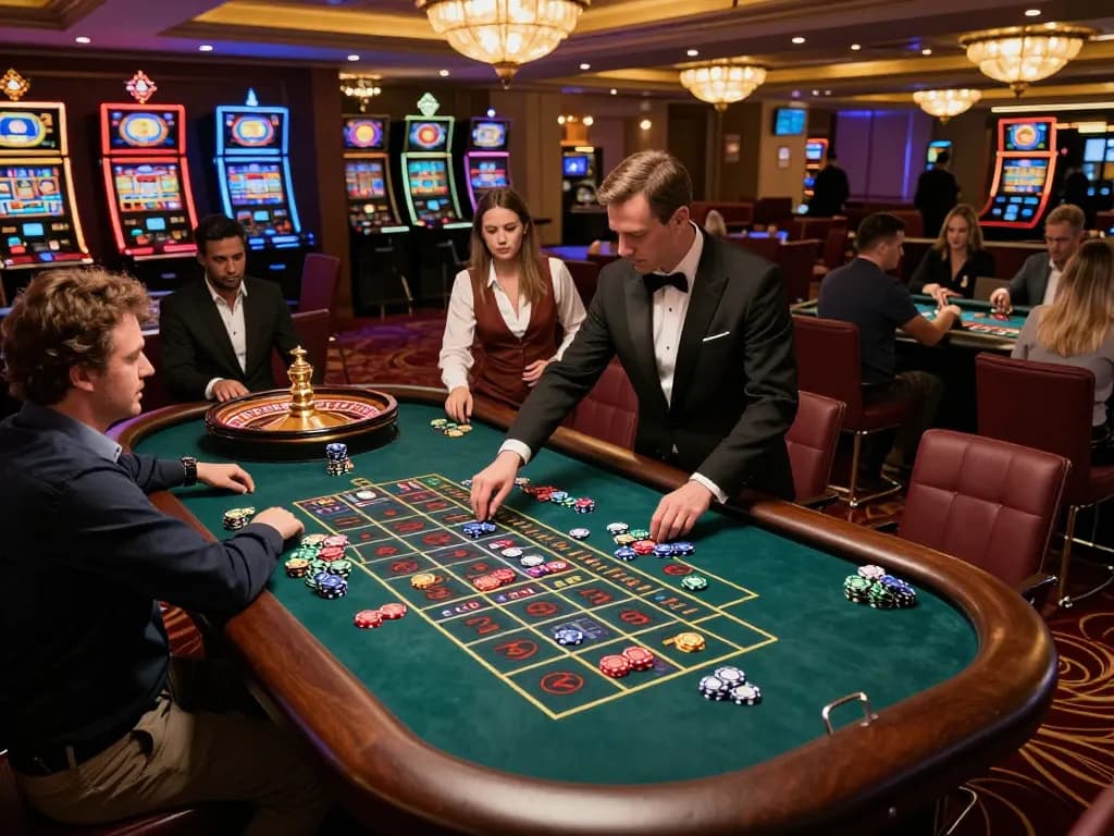 Fabet players placing bets at a luxurious roulette table in an upscale casino.