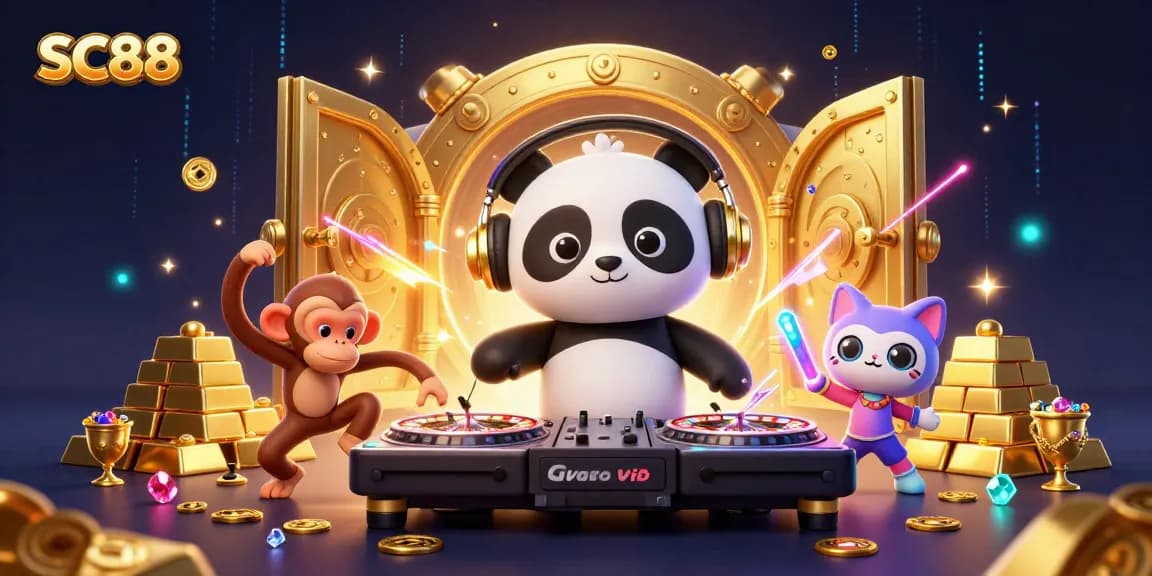 Engage with SC88's vibrant casino scene featuring a DJ panda, dancing monkey, and rave kitten.