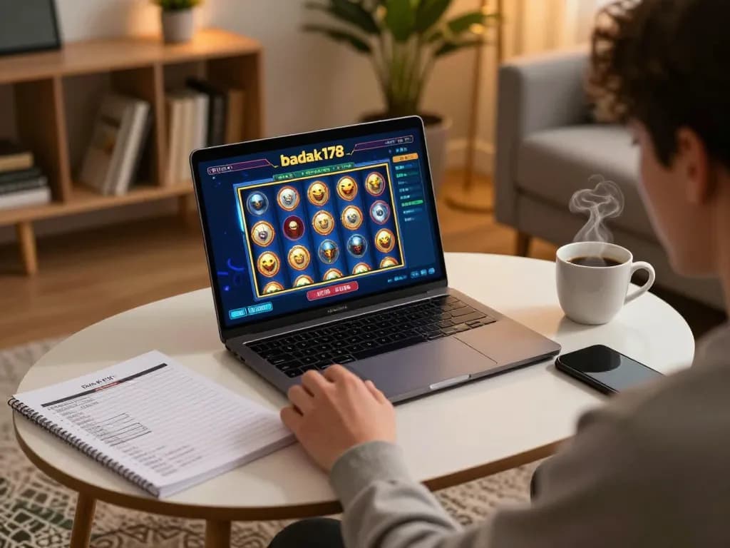 Engaging online gaming with badak178 showcasing a vibrant slot game on a laptop amid personal strategy notes.