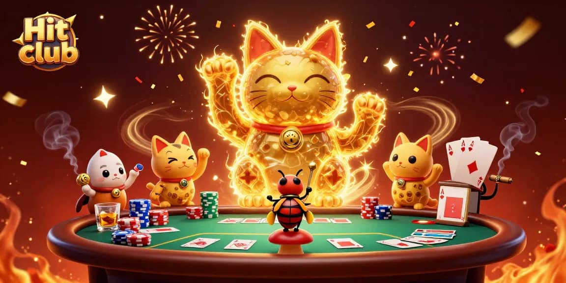 Experience the Hit club with a lively golden lucky cat and dynamic casino elements