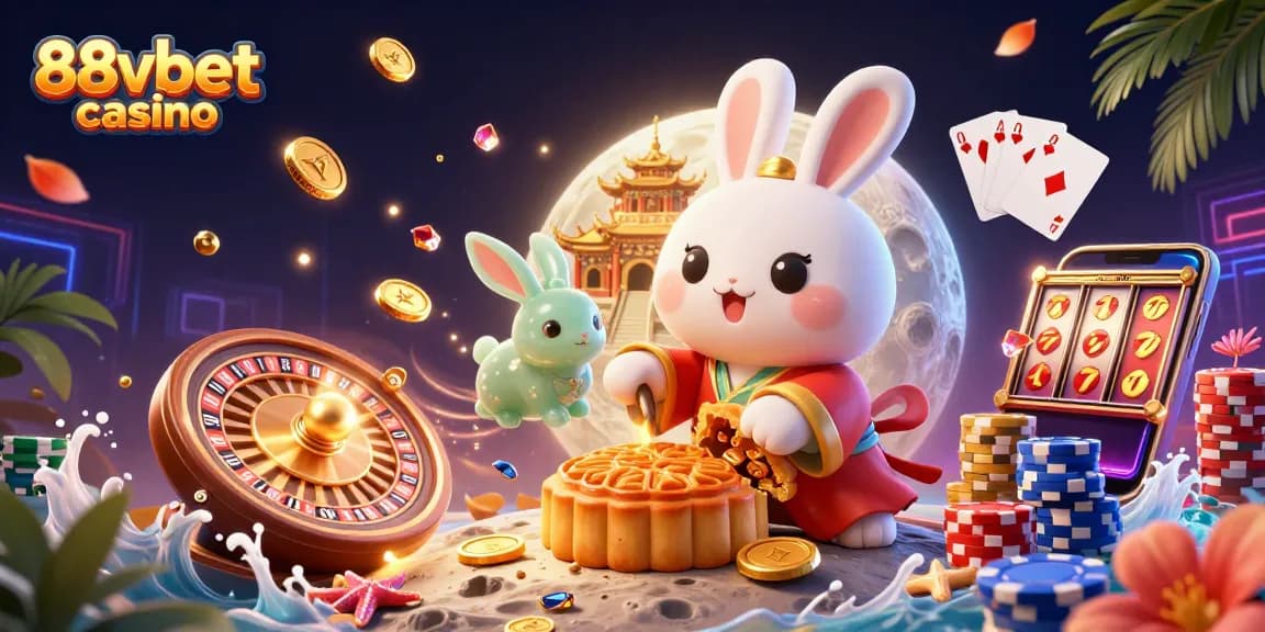 Experience the excitement of the 88vbet casino with this dynamic illustration featuring festive symbols and winning elements.