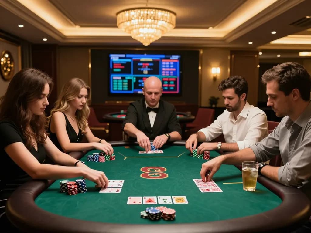 Players engage at a high-stakes poker table at RR88, surrounded by an elegant casino atmosphere.