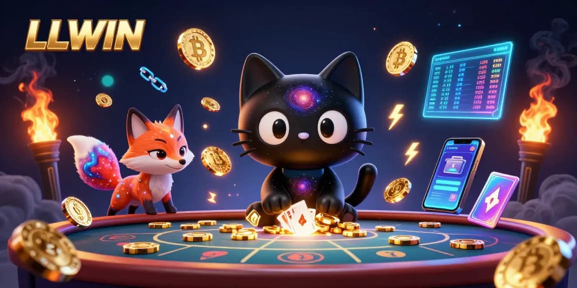 LLWIN showcases a cosmic casino scene with engaging characters and vibrant gambling elements.