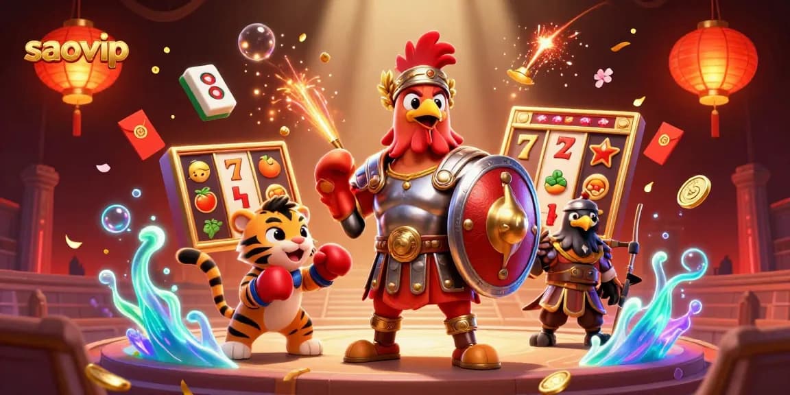 Step into the thrilling world of saovip, where a gladiator rooster leads an exciting game with slot reels and vibrant symbols.