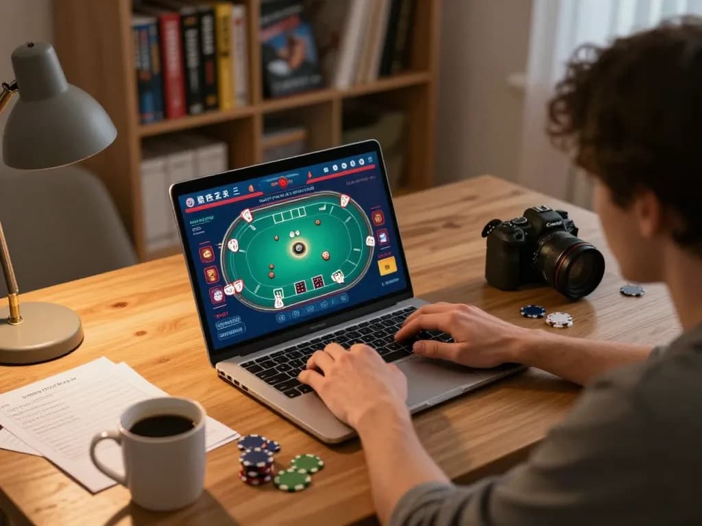 Engaging poker gameplay on laptop at home showcasing martinezalcala gaming strategy.
