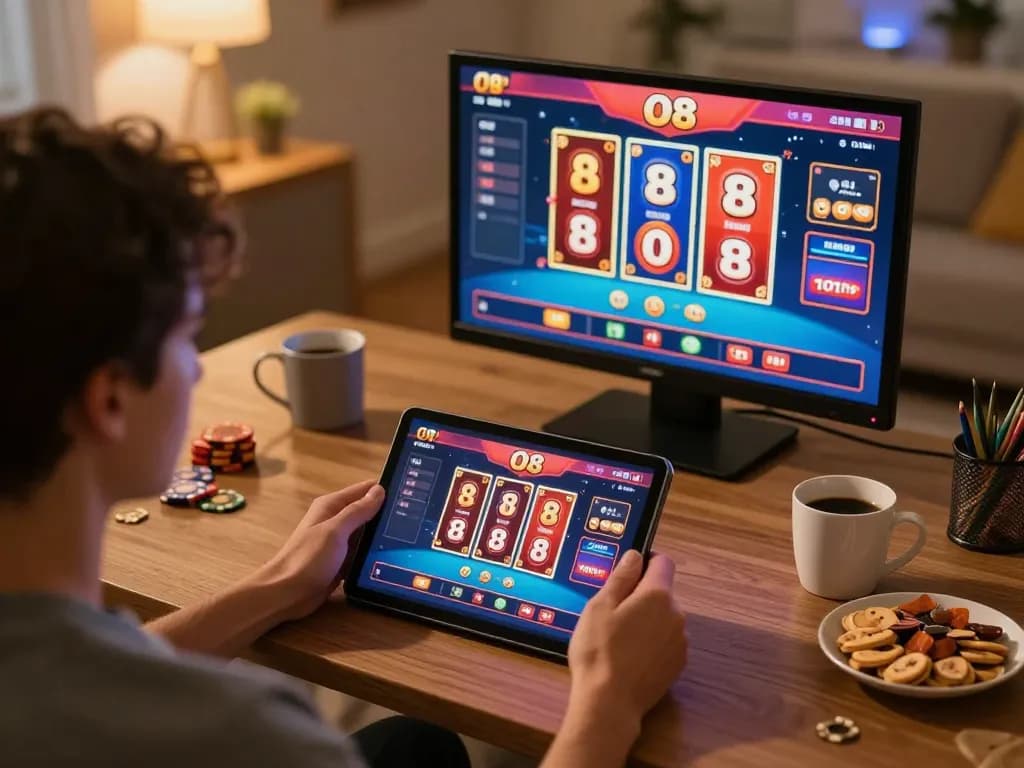 Person engaging with O8 online casino app on tablet at home, focusing on exciting gameplay