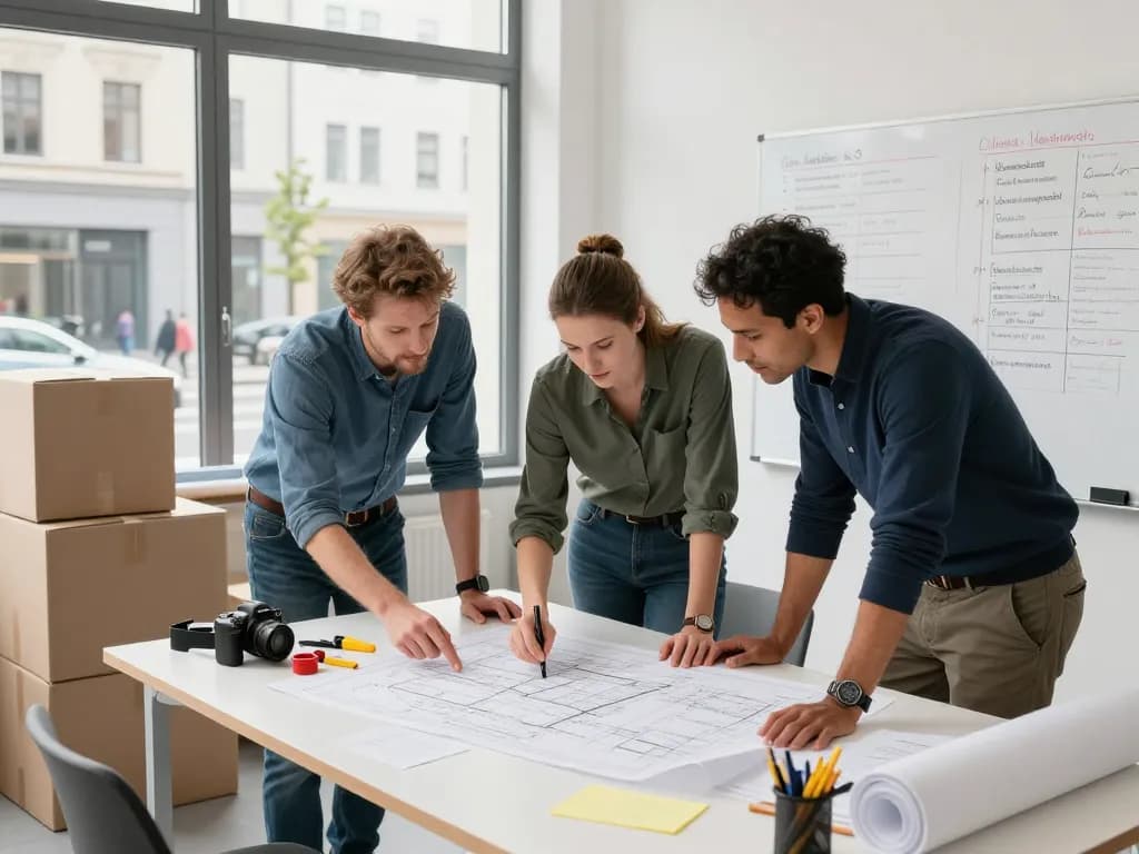 Professionelles Team, das an einem Räumung Wien-Projekt zusammenarbeitet und in einem hellen urbanen Büro über Logistik und Pläne diskutiert.