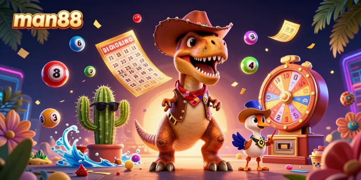 Engage with man88's vibrant lottery-themed 3D illustration featuring a cowboy dinosaur and friends.