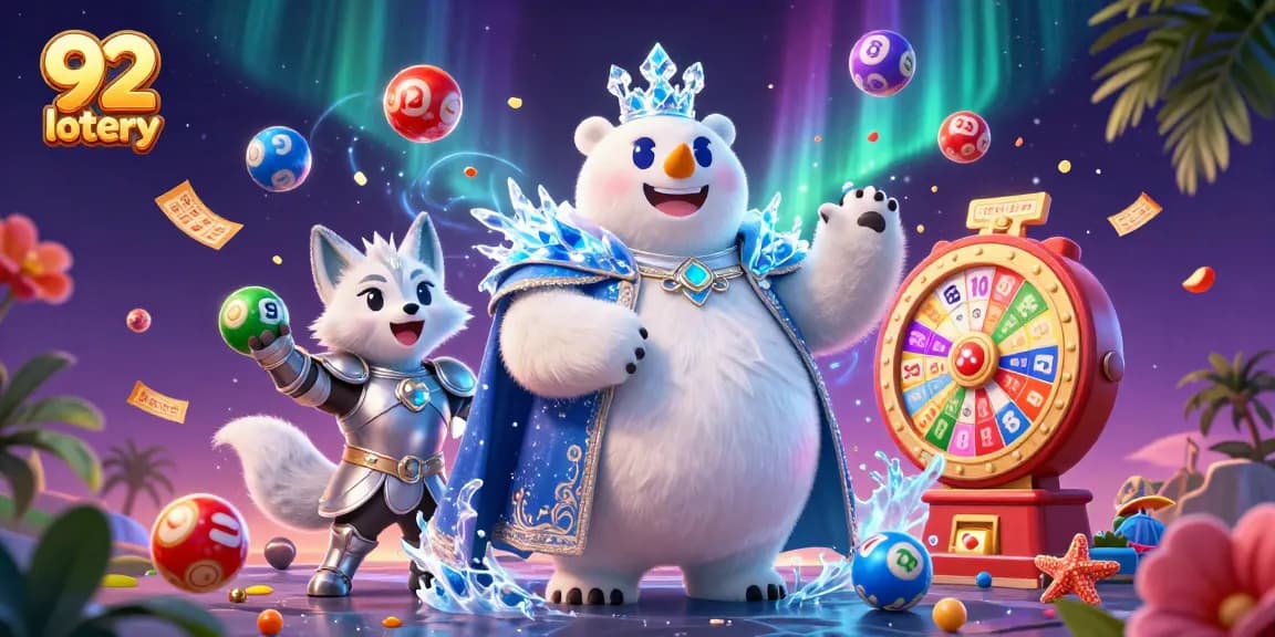 Engage with 92 lotery through lively lottery gameplay featuring a cartoon ice king and festive elements.