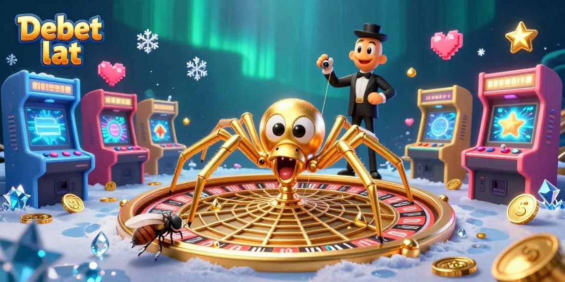 Bet on Debet lat with a 3D cartoon golden spider spinning a roulette wheel web.
