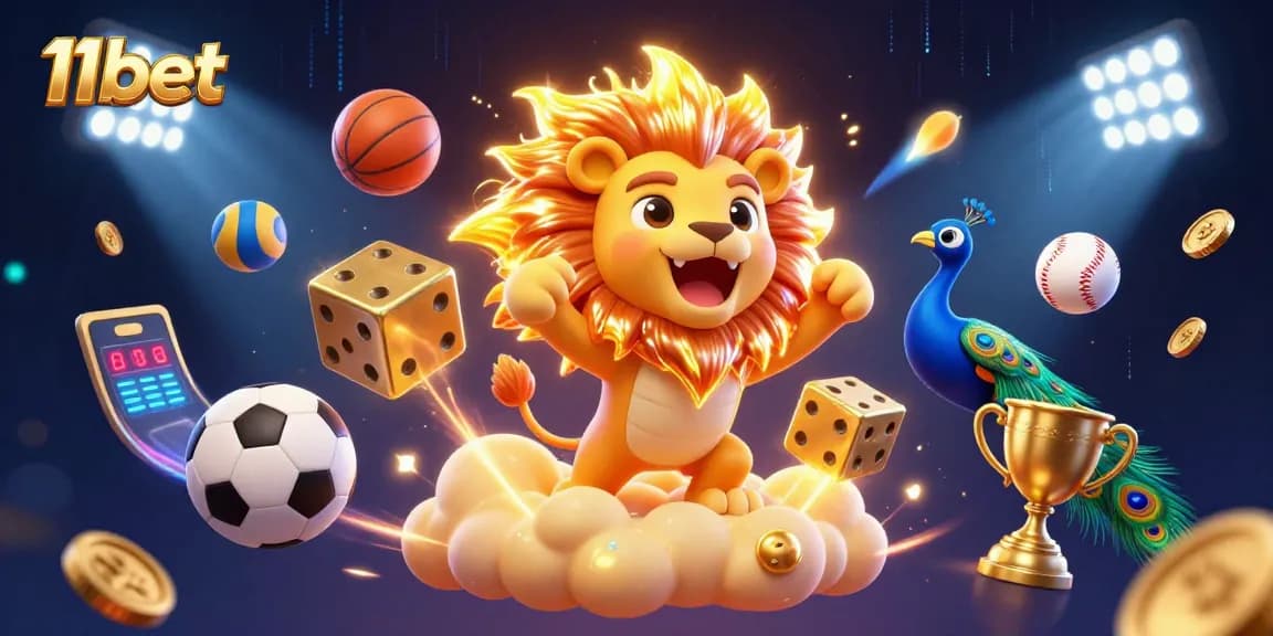 Experience thrilling 11bet action with golden dice and sports elements in a vibrant 3D scene.