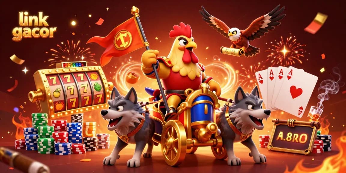 Engage with the link gacor experience, showcasing a lively casino scene with vibrant slot reels and celebratory ambiance.